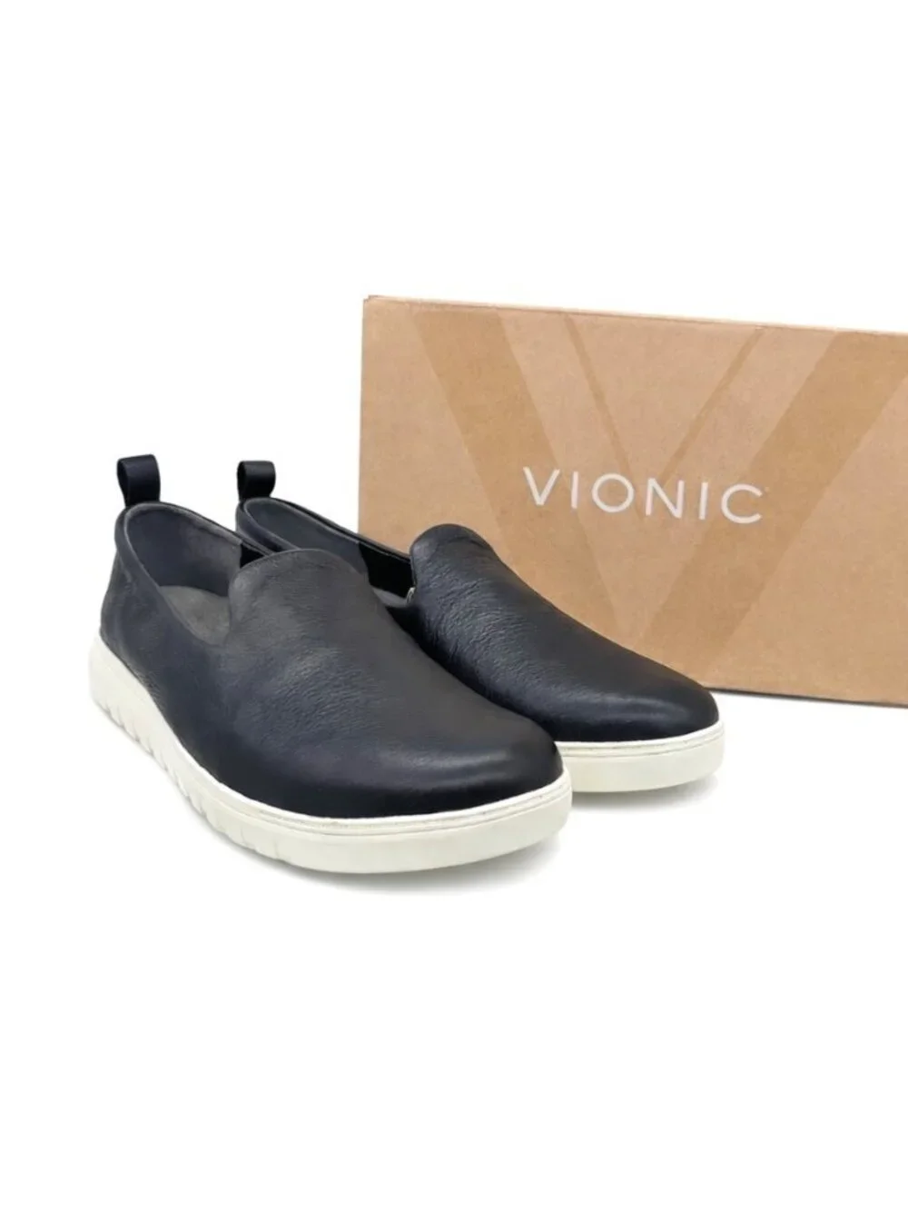 VIONIC Uptown Willa Black Leather Slip On Sneakers Womens 9.5 WIDE Arch Support